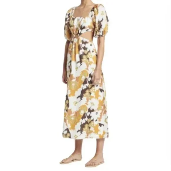 Faithful the Brand Trinita Maxi Dress Womens 2 Yellow White Floral Puff Sleeve